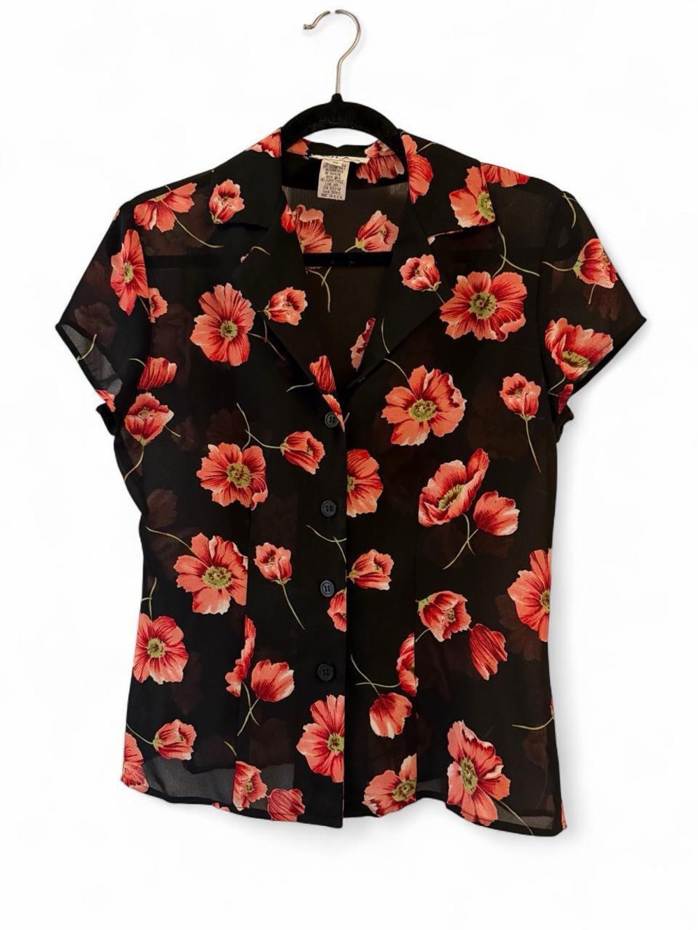 Vintage Black Button-Down Top with Coral Floral Poppy Print, Size Medium